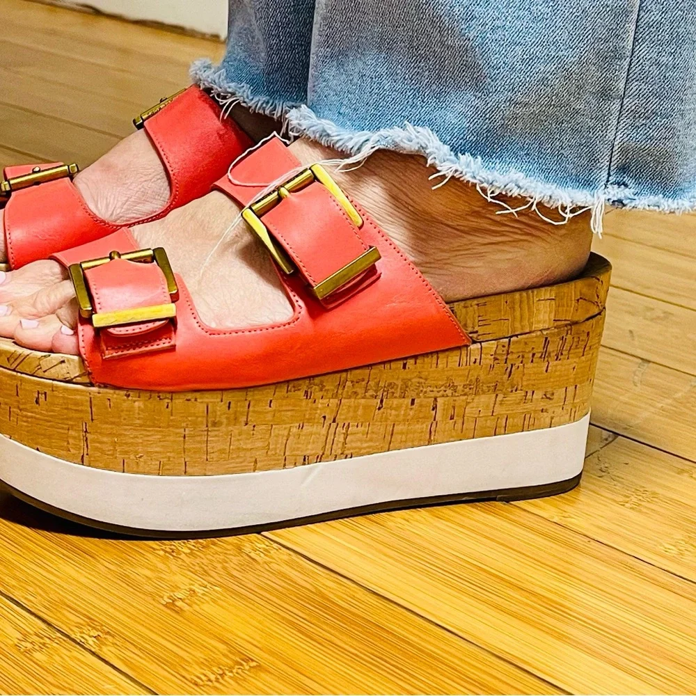 Red Cork Platform Slide Sandals with Buckle Straps